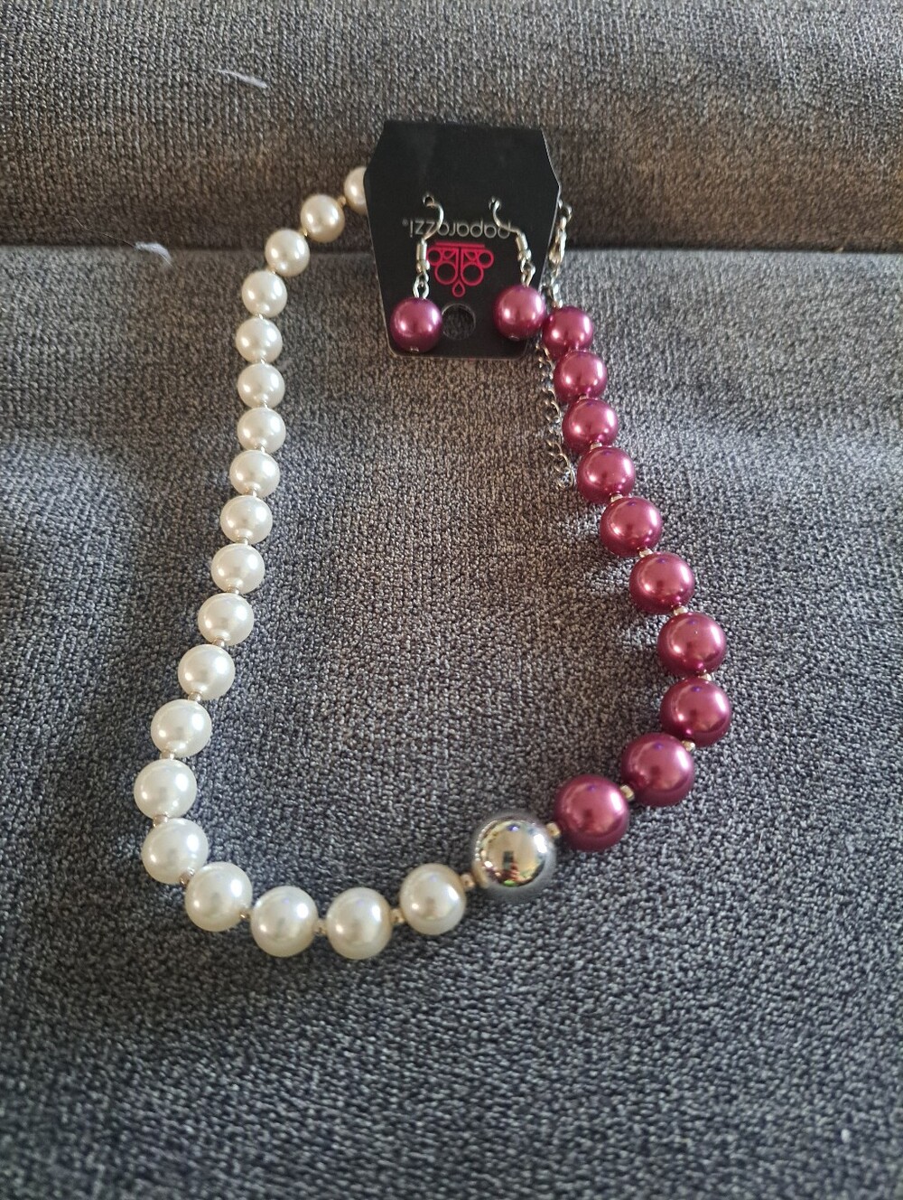Burgandy and White Beaded Necklace Set with Earrings  , Two-Tone Pearl Statement